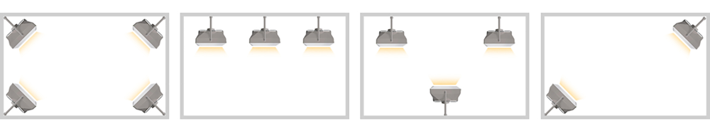 Расположение тепловентиляторов при групповом монтаже на стене (вид сверху)